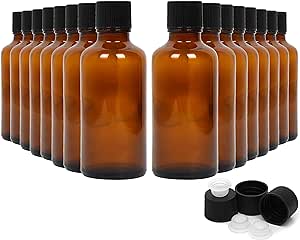 Youngever 16 Pack Amber Glass Bottles with Lids, Refillable Container for Essential Oils, Vanilla Extract and more (2 Ounce)