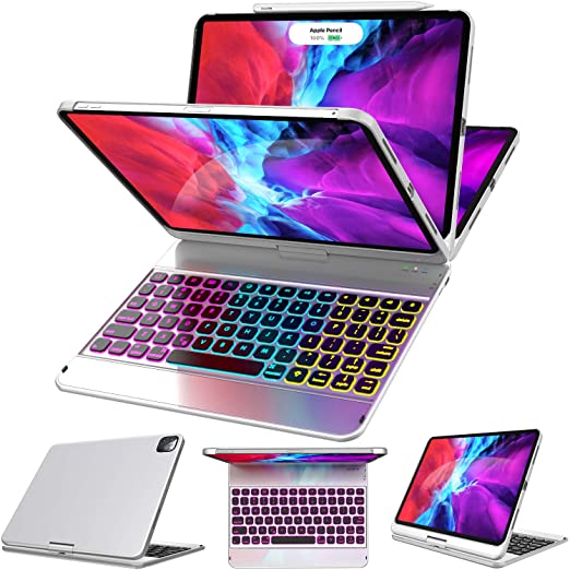 Keyboard for iPad Pro 11 2020/2018 (2nd/1st Generation) - 360 Rotatable - Wireless/Smart - Backlit 17 Color - Auto Sleep Wake - Support Apple Pencil 2nd Gen Charging, Silver