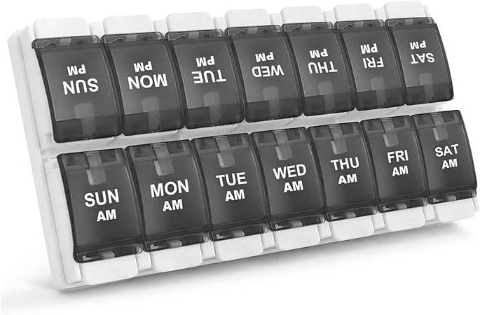 Sukuos Weekly 7 Day Pill Organizer, 2 Times A Day Pill Box Pill Cases (AM PM), BPA Free Medicine Organizer for Pills/Vitamin/Fish Oil/Supplements, Arthritis Friendly Push Button, Easy to Clean