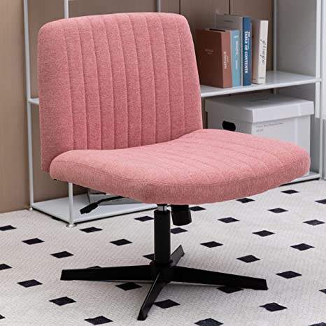 Armless Wide Office Chair No Wheels Fabric Padded Desk Chair Task Vanity Chair Swivel Home Office Desk Chair 120°Rocking Mid Back Ergonomic Computer Chair for Make Up,Small Space (Mix-Pink&White)