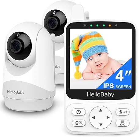 HelloBaby Monitor with 2 Cameras, and Remote PTZ, 4 Inch IPS Screen 29Hours Battery Life,Video Baby Monitors No WiFi No App, Night Vision, VOX Audio Mode, 8 Lullabies and 1000ft Long Range