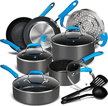 MICHELANGELO Hard Anodized Cookware Set 13 Piece, Pro. Nonstick Pots and Pans Set with Granite-Derived Coating, Induction Cookware Sets with Blue Silicone Handles, Heavy Gauge Kitchen Cookware Sets