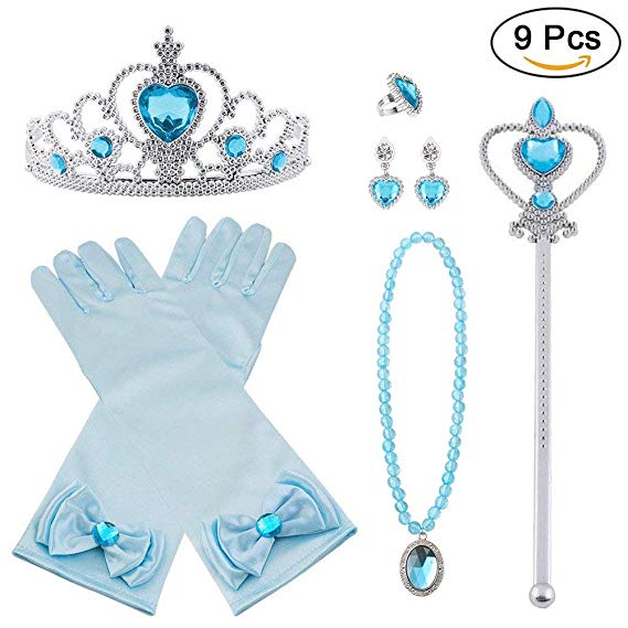 Vicloon Elsa Dress Up Accessories Set of 9, Elsa Gloves, Princess Crown, Ring, Earring, Magic Wand and Necklace (Blue)