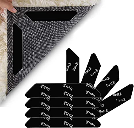 Lifelf 8 PCS Rug Grippers for Hard Floors, Carpet Corner Rug Grippers, Anti Curling Non-slip Rug Stopper, Reusuable Rug Sticker with Strong Sticky for Office Kitchen Bathroom (Black)