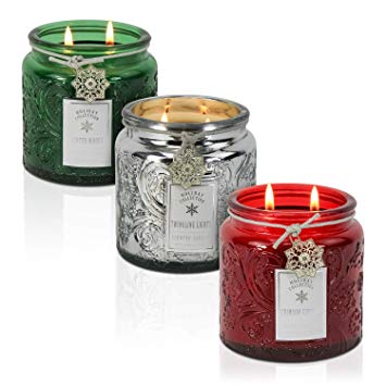 Dynamic Collections Snowflake Embossed Jar Candle - 3 Pack – Scented 2-Wick Candle Gift Set with Lids in Red, Green and Silver
