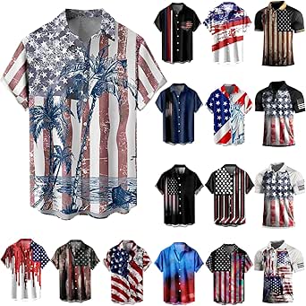 American Flag Shirt for Men Hawaiian American Flag Button Down Shirts Patriotic Plus Size Short Sleeve Tshirt