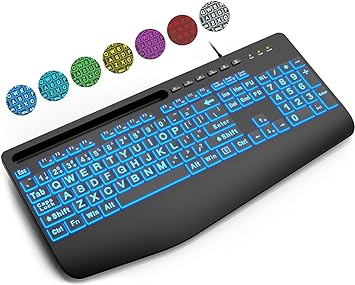 SABLUTE Large Print Backlit Keyboard, Wired USB Lighted Computer Keyboards with 7-Color & 4 Modes Backlit, Big Letters Keys Easy to Read and Type Compatible for PC, Laptop, Desktop