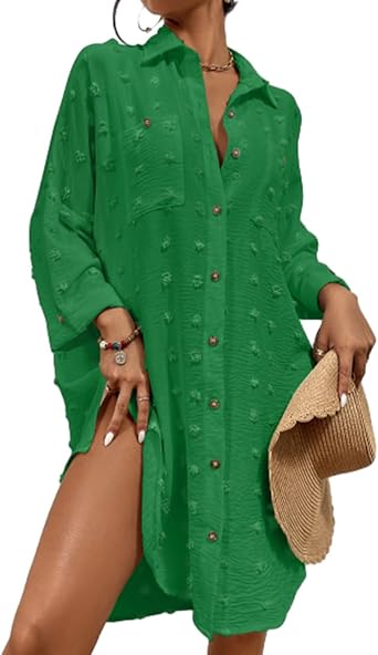 Bsubseach Women Swimsuit Coverup Blouse Button Down Shirt Dresses Swiss Dot Tops