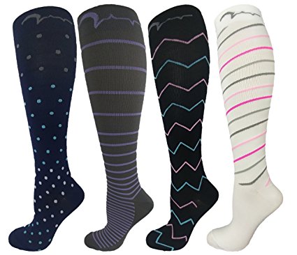 4 Pair Extra Soft Large/X-Large Colorful Compression Socks, Moderate/Medium Graduated Compression 15-20 mmHg, For Men and Women. Therapeutic, Occupational, Travel & Flight Knee-High Hosiery.