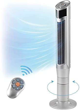 AGLUCKY 47” Tower Fan with Oscillation, Remote Control and LED Display, 3 Powerful Wind Modes, Up to 24 H Timer Bladeless Standing Fan, Portable Fan for Children, Home, Dormitory or Office (Silver)