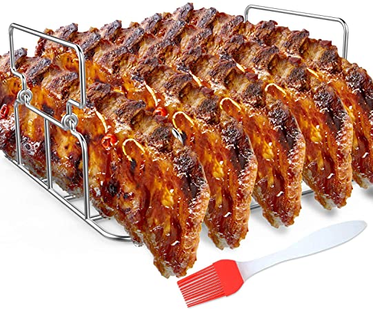 Durable Stainless Steel Rib Rack with a Silicone Oil Brush, BBQ Stand with 2 Handle for Smoker,Oven and Grill, Cook up to 5 Ribs at a time