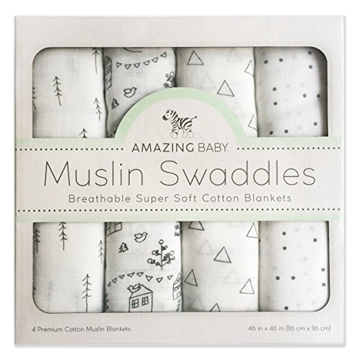 Amazing Baby Muslin Swaddle Blankets, Set of 4, Premium Cotton, Little Village and Trees, Black