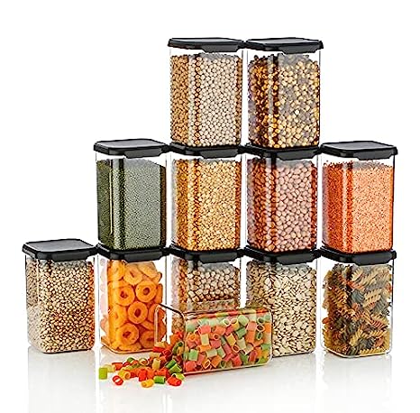 Nexium Plastic Square Shape Container, Easy Flow Cereal Dispenser Storage Jar, Dabba, Box For Kitchen 1100Ml (Pack of 12, Black)