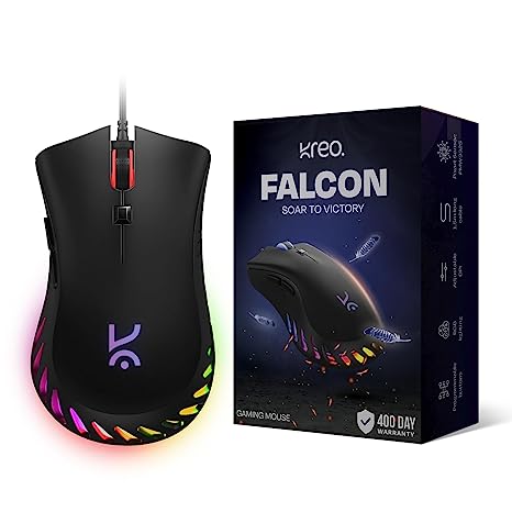 Kreo Falcon Gaming Mouse with Programmable Buttons & RGB Lighting | Pixart 3325 Sensor | Adjustable DPI upto 10,000 with 1.5m Long Braided Cable and Optical Sensor | Quick Flap Mode | Lightweight & Durable | Compatible With Windows & MAC