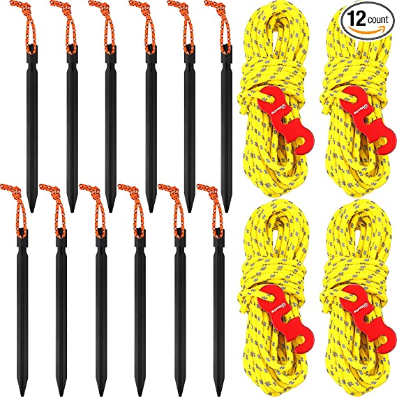 12 Pieces Aluminium Tent Stakes Pegs and 4 Pieces 4m Outdoor Reflective Guy Lines with Cord Adjustment Aluminium Camping Accessory Gears for Camping Hiking Shelter Shade Canopy Outdoor Activity