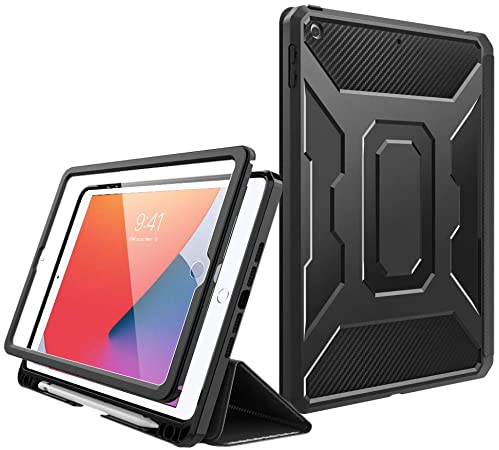 MoKo Case Fit New iPad 8th Gen 2020 & 7th Gen 2019 / iPad 10.2" Case, [Built-in Screen Protector] Full-Body Protection Shockproof Case Smart Trifold Cover with Auto Sleep/Wake & Pencil Holder,Black