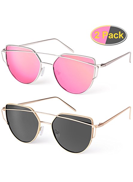 Elimoons Cat Eye Sunglasses 2 Pack Women Mirrored Polarized Metal UV 400 Fashion Glasses