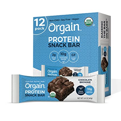Orgain Organic Plant Based Protein Bar, Chocolate Brownie - Vegan, Gluten Free, Dairy Free, Soy Free, Lactose Free, Kosher, Non-GMO, 1.41 Ounce, 12 Count (Packaging May Vary)