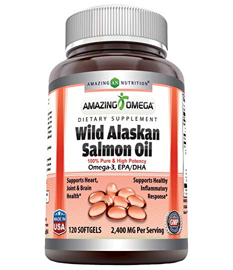 Amazing Omega Wild Alaskan Salmon Oil - 2400 mg Salmon Oil Per Serving, 120 Softgels (Non-GMO) - Supports Heart, Joint & Brain Health and Promotes Healthy inflammatory Response