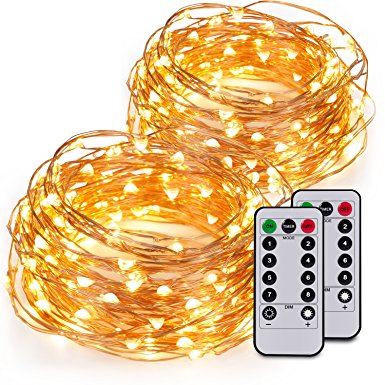 Kohree 2 pcs 60 LED 20ft Battery String Lights with Wireless Remote Control,Warm White