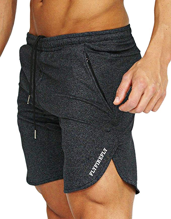 FLYFIREFLY Men's Gym Fitness Shorts Running Short Pants Fitted Training Bodybuilding Jogger with Zipper Pockets