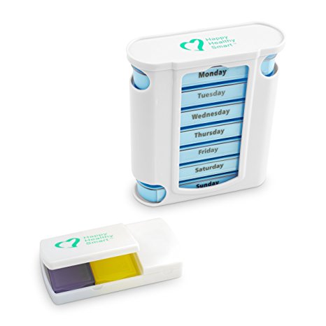 Happy Healthy Smart - Unique Medicine Pill Dispenser With Large Pills Cutter, Tablet Organizer Planner With Drawers & Compartments