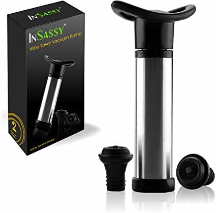 Wine Stopper with Wine Saver Vacuum Pump by InSassy, Reusable Beverage and Wine Bottle Stopper