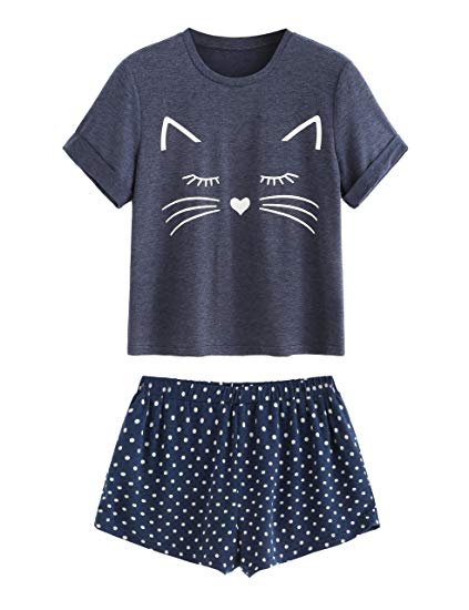 DIDK Women's Kitty Cat Print Ruffles Short Pajama Set