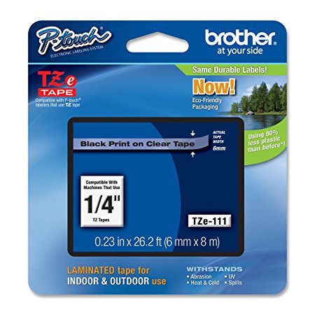 Brother Laminated Tape Black on Clear, 6mm (Tze111) - Retail Packaging