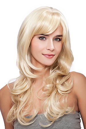 Kalyss Long Women's Blonde Side Bangs Deep Curly Wave Heat Resistant Full Hair Wigs