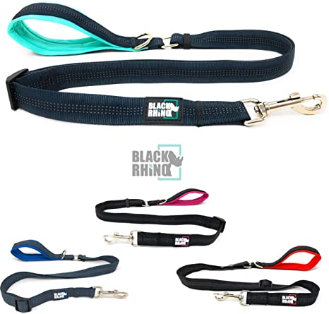 Black Rhino – Dog Leash Adjustable Length (3-5 Feet) with Soft Neoprene Padded Handle | Heavy Duty Lead for Easy Control | Small Medium Large Breeds | Reflective Stitching