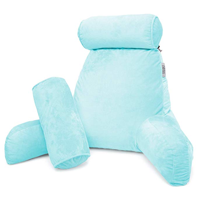 Nestl Reading Pillow, Includes 1 Extra Large Bed Rest Pillow with Arms   2 Detachable Pillows - Premium Shredded Memory Foam TV Pillow, Neck Roll & Lumbar Support Pillow - Set of 3 - Light Baby Blue