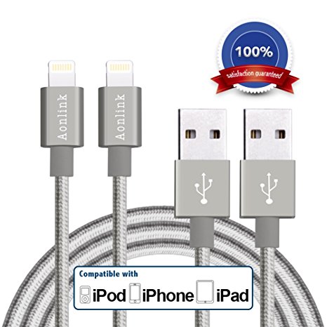 Aonlink iPhone Charger Cord, 2Pack 6FT 10FT Nylon Braided Lightning to USB Cable with Aluminum Connector for iPhone 7/7 Plus/6s/6s Plus/6/6Plus/5s/5c/5, iPad/iPod Models-Gray