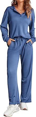 Ekouaer Waffle Knit Pajamas Set for Women 2 Piece Outfits Long Sleeve Button Top and Wide Leg Pant with Pockets Loungewear