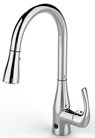 FLOW Faucet from BioBidet, Hands Free Motion Sensing Technology, Chrome Kitchen Faucet, Dual Spray Head Offers 2 Styles of Water, Easy Installation, No Hardwiring or Electricity, only AA Batteries
