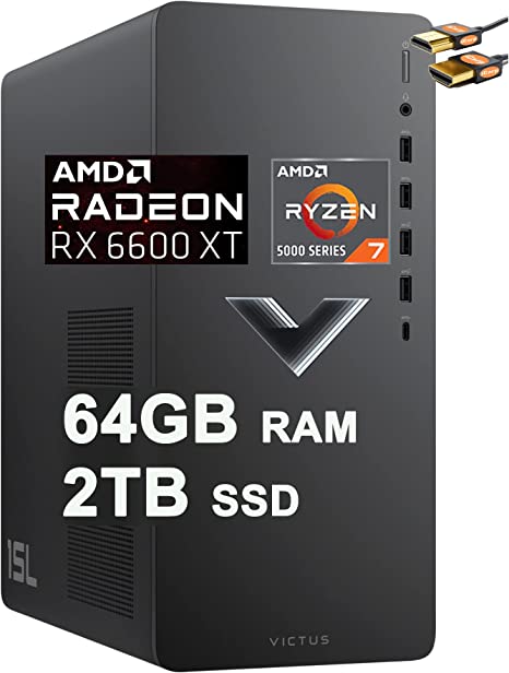 HP Victus 15L Gaming Desktop Computer AMD Octa-Core Ryzen 7 5700G Processor (Beats i7-10700) 64GB RAM 2TB SSD AMD Radeon RX 6600XT 8GB Graphic (&gt;NVIDIA RTX 3060) USB-C DiplayPort Win11   HDMI Cable