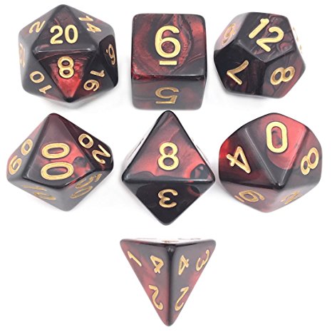Gemini Black/Red Polyhedral Dice Complete Set of D4 D6 D8 D10 D12 D20 Percentile% die-Set Marble Shiny RPG Evil Gaming