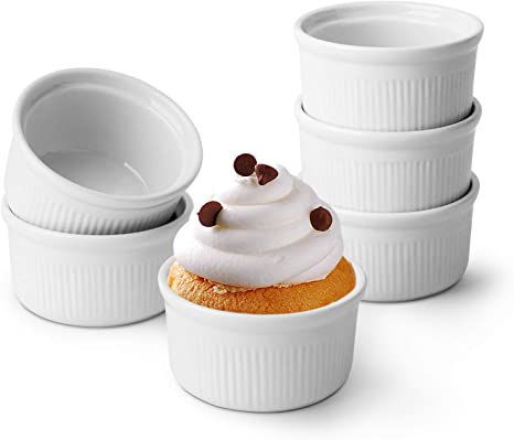 ComSaf 6.5CM White Porcelain Ramekins, 85ML Baking Cups for Souffle, Creme Brulee, Custards, Pudding, Jams, Sauce and Dips - Durable Pack of 6