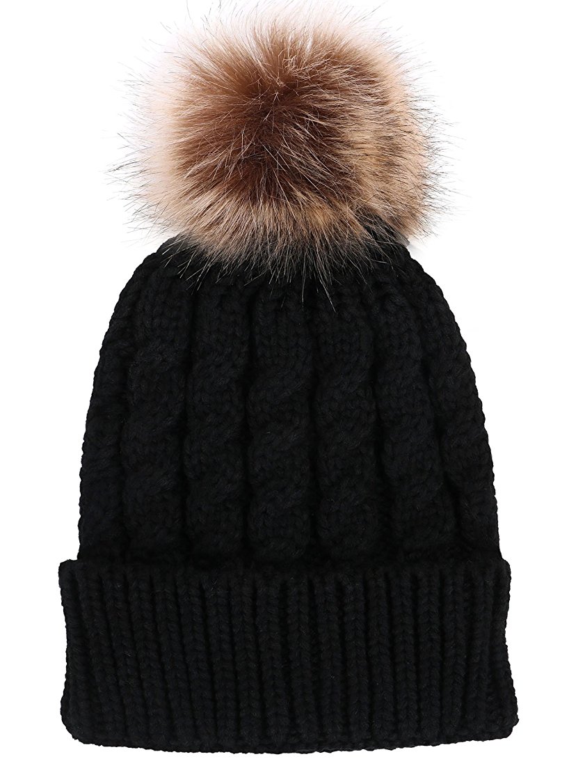 Winter Hand Knit Beanie Hat with Faux Fur Pompom