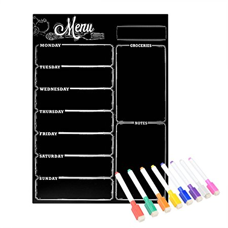 Magnetic Refrigerator Chalkboard ,Weekly Menu, Meal Planner, Grocery Shopping List, Dry Erase Board, For Kitchen Fridge with 8 color Magnetic Markers (16inchx12inch, Vertical FLAT PACK)