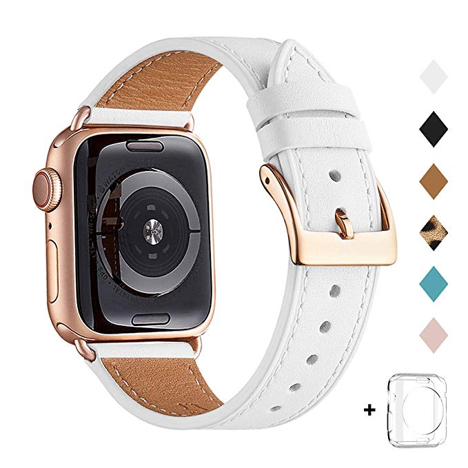 Bestig Band Compatible for Apple Watch 38mm 40mm 42mm 44mm, Genuine Leather Replacement Strap for iWatch Series 5/4/3/2/1, Sports & Edition (White Band Rose Gold Adapter, 42mm 44mm)