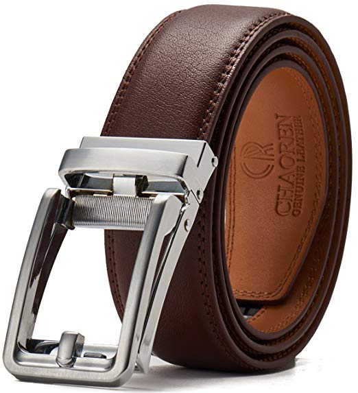 Leather Ratchet Belt for Men with One Click Buckle-Trim to Custom Comfort Fit and Adjustable Dress,Presented in a Gift Box