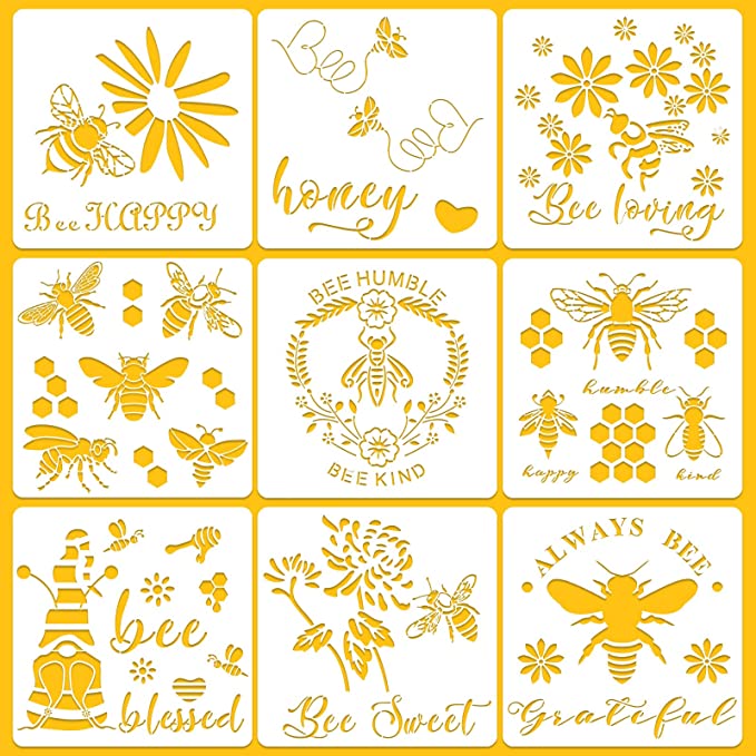 9 Pieces Bee Stencil DIY Painting Bee Stencils Reusable Bee Theme Drawing Template Honey Bee Honeycomb Stencils with Flower for Painting on Wall Fabric Furniture Floor Crafts Home Decor, 12 x 12 Inch