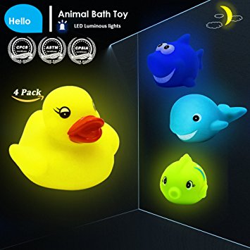 Cooleer Kids Toy Light Toy 4-Pack LED Baby Bathtime Toy,Floating Bath Toy Flash Light Animal Bath Toys,Rubber Shower Toys,Yellow Duck,Fish,Shark,Dolphin, 4 Bright Color Water Squirter Bathtub Toys