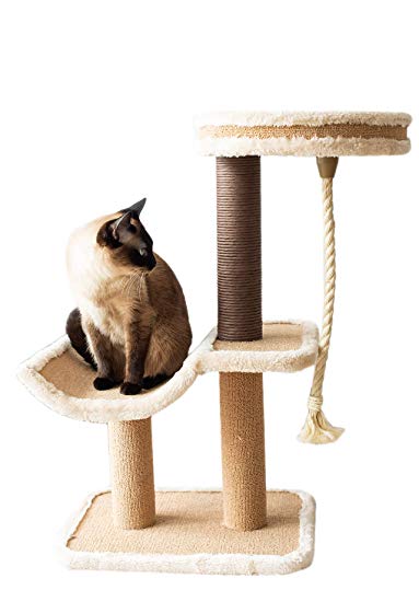 Catry Three-Level cat Tree Cradle Bed with Natural Sisal Scratching Posts and Teasing Rope
