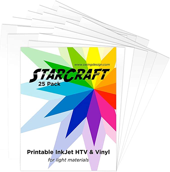 StarCraft Inkjet Printable Heat Transfer (HTV) 25 Sheet Pack - Light Materials