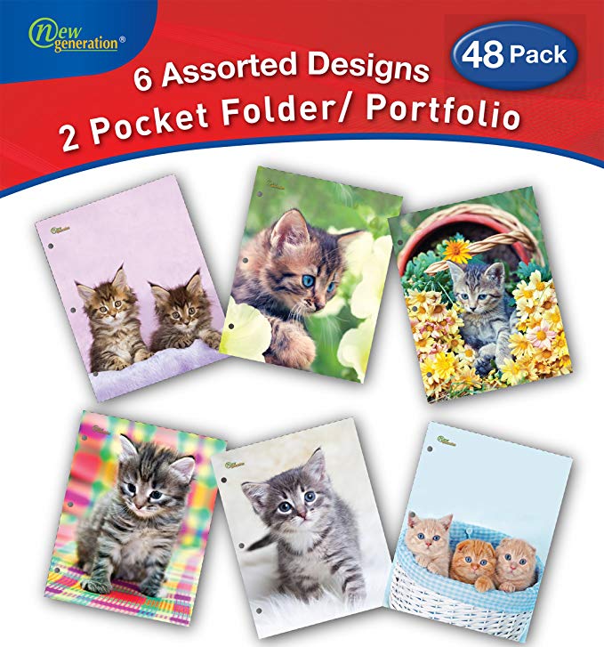 New Generation - Kitten - 2 Pocket Folders / Portfolio 48 PACK Letter Size with 3 Hole Punch to use with your Binder Heavy Duty Glossy Finish UV Laminated Folder - Assorted 6 Fashion Design.