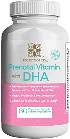 Secrets of Tea - Prenatal Vitamins with DHA and Folic Acid - 60 Veggie Capsules - DHA Supplements with Prenatal DHA Including Vitamins A, C, D, E, B6, B12, Folic Acid, Omega-3 & ADH.