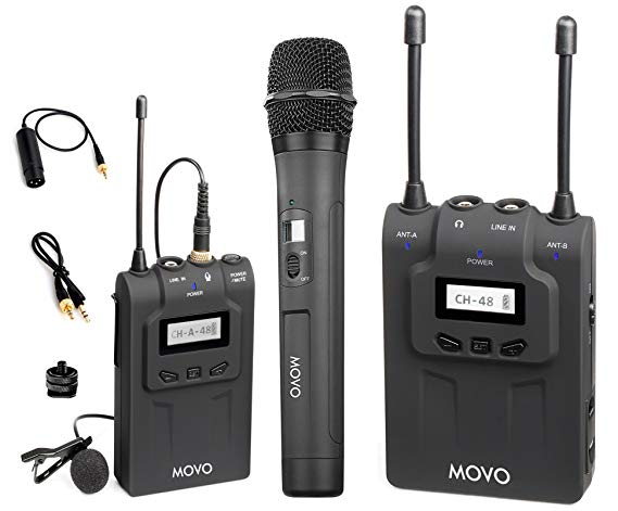 Movo WMIC80 UHF Wireless Handheld   Lavalier Microphone System with Handheld Mic with Integrated Transmitter, Lavalier Mic with Bodypack Transmitter, Portable Receiver for DSLR Cameras (330' Range)