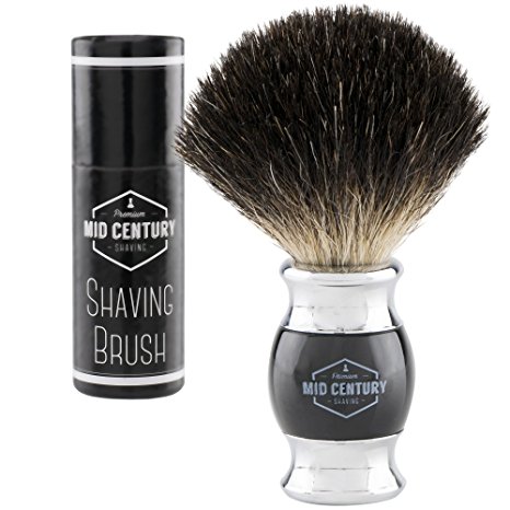 Mid Century Shaving Brush - Black Badger Hair - Metal and Faux Horn (Acrylic) For a Premium Wet Shave Experience (Black)